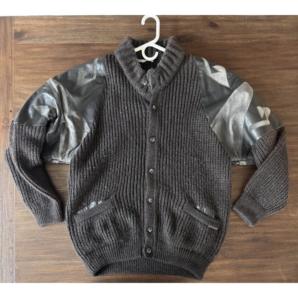 Alpaca Leather Patchwork Cardigan Sweater Mens M/L Brown Italy Made Bizzaro